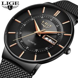 Relojes de pulsera para hombre, relojes de marca superior LIGE, reloj de fecha ultrafino resistente al agua de lujo, correa de acero para hombre, pulsera deportiva informal de cuarzo para hombre 221010