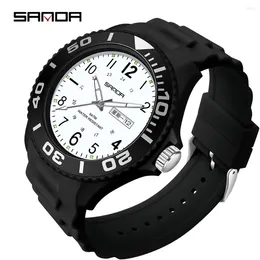 Montres-bracelets pour hommes, calendrier complet, bracelets en Silicone noir, horloge Relojes De Lujo Para Hombre Sanda 9005