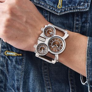 Montres-bracelets Montres pour hommes Top Montre-bracelet militaire pour hommes 3 fuseaux horaires Sport Brown Male Full Steel Clock