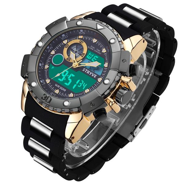 Relojes de pulsera Relojes para hombre Top Stryve Reloj deportivo multifunción Military Heavy Dial 2 Zona horaria Reloj digital de cuarzo analógico Led Relojes de pulseraW