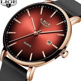 Montres-bracelets Hommes Montres étanches Bracelet en cuir Slim Quartz Casual Business Montre-bracelet Top Marque LIGE Male Clock 2021 Fashion238c