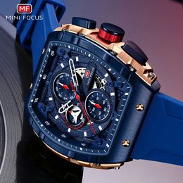 Montres-bracelets MINI FOCUS Sport Chronographe Quartz Montre pour Hommes Mode Bleu Silicone Bracelet Tonneau Cadran Montre-Bracelet avec Date 3atm Étanche 231214