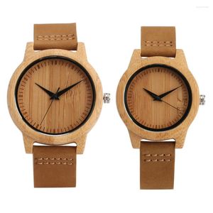 Horloges Minimalistisch quartz analoog bamboehorloge voor heren Dames Bruin lederen band Casual stijlvol paar horloges Geschenken