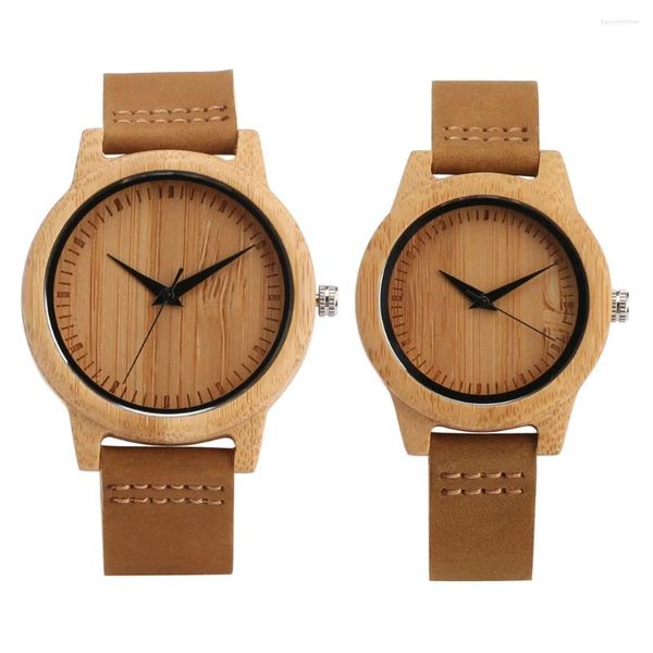 Relojes de pulsera Reloj de bambú analógico de cuarzo minimalista para hombres Mujeres Banda de cuero genuino marrón Casual Relojes de pareja con estilo Regalos