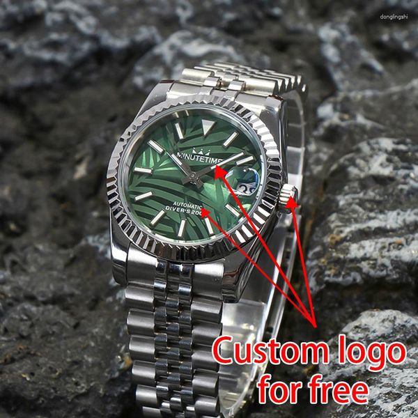 Montres-bracelets MINUTETIME DIY Nom/logo Montre Feuille Verte Partten NH35 Mouvement 100atm Natation Plongée Quotidien Luxe Hommes Watchers Jour Fenêtre