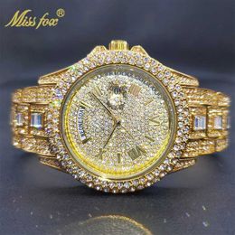 Montre-bracelets Missfox 18K Gold Men Men Luxury Designer Diamond Date Day Just Ice Out Quartz Es DropShipping D240430