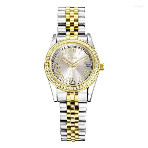 Relojes de pulsera Missfox 2023 Reloj de pulsera de acero luminoso con incrustaciones de diamantes de temperamento minimalista y de moda para mujer