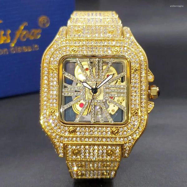 Muñecos de pulsera Missfox Gold Watch for Men ICED Square Hollow Out Relojes de cuarzo Dial Joya impermeable Joya Man Drop