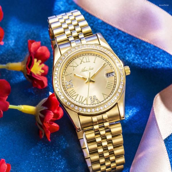 Relojes de pulsera Missfox Gold Women Watch Reloj de lujo de acero inoxidable Cuarzo Relojes de pulsera pequeños para mujer con calendario Mini Dial Reloj de negocios Mujer