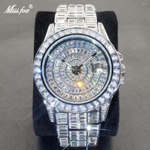 Polshorloges Missfox Ice Out Watches for Men Luxe handgemaakte mozaïek diamant zilver staal horloge mode hiphop automatische datum mannelijke klok
