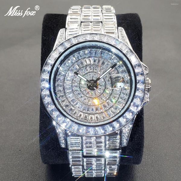 Relógios de pulso MISSFOX Ice Out Relógios Masculinos Luxo Feito à Mão Mosaico Diamante Prata Aço Relógio Moda Hip Hop Data Automática Relógio Masculino