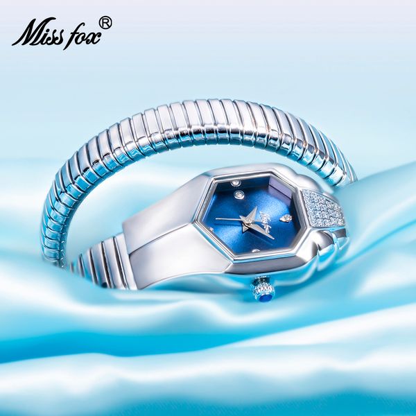 Relojes de pulsera MISSFOX Reloj con forma de serpiente para mujer, marca de lujo, esfera azul, relojes de moda para mujer, pulsera con bisel, movimiento de cuarzo para mujer 230823