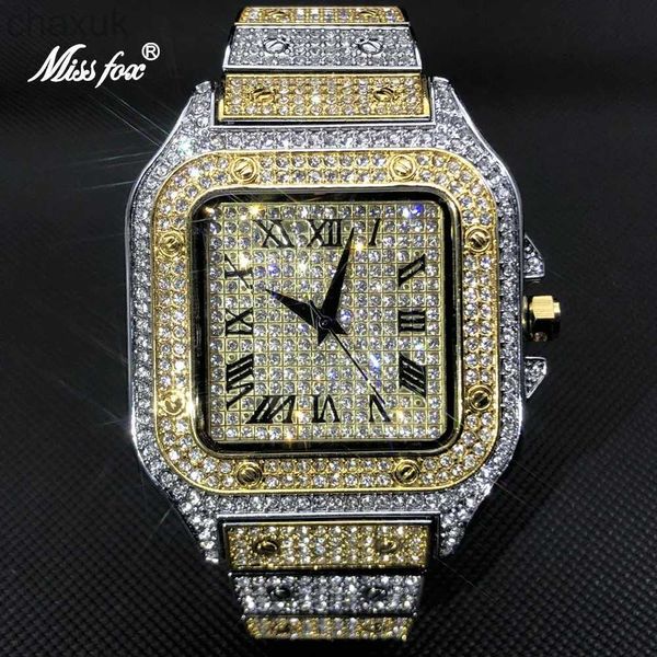 Wallwatches Missfox White Gold Men Watches Top Brand Luxury Luxury Full Square Quartz Watch Hip Hop Hop Ice Out Regalo de reloj impermeable 2021 D240417