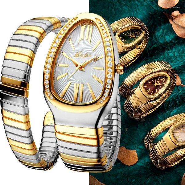 Relojes de pulsera MISSFOX, relojes para mujer, reloj de pulsera de lujo con forma de serpiente para mujer, reloj de cuarzo dorado único de acero para mujer, reloj femenino