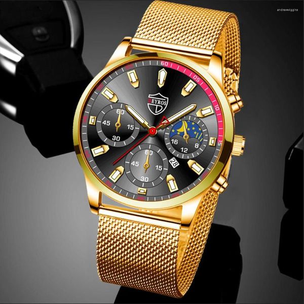 Relojes de pulsera Montre Homme Relojes para hombre Hombres de lujo de negocios Correa de malla de acero inoxidable Reloj de pulsera de cuarzo dorado para hombre Reloj de calendario de ocio