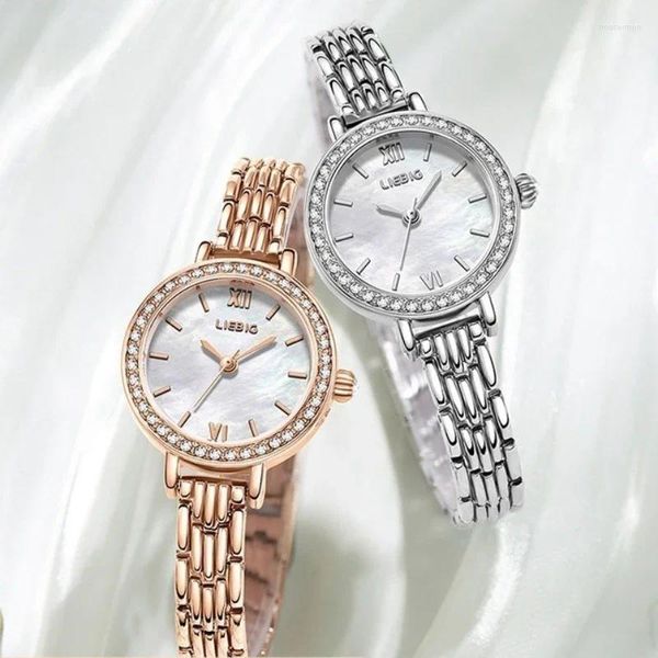 Relojes de pulsera Dial de nácar Pulsera con diamantes Reloj de mujer Relojes de cuarzo de lujo ligeros Mujer de acero inoxidable