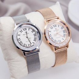 Horloges Bewegend Kristal Dame Dameshorloge Japan Quartz Mode Fijne roestvrijstalen armband Klok Meisje Verjaardagscadeau Koninklijke Kroondoos