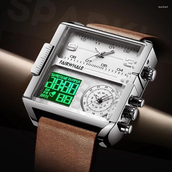 Relojes de pulsera Relojes multifuncionales Moda para hombre Militar Doble explícito Correa de cuero de lujo Cuarzo cuadrado 3 Zonas horarias Reloj de pulsera