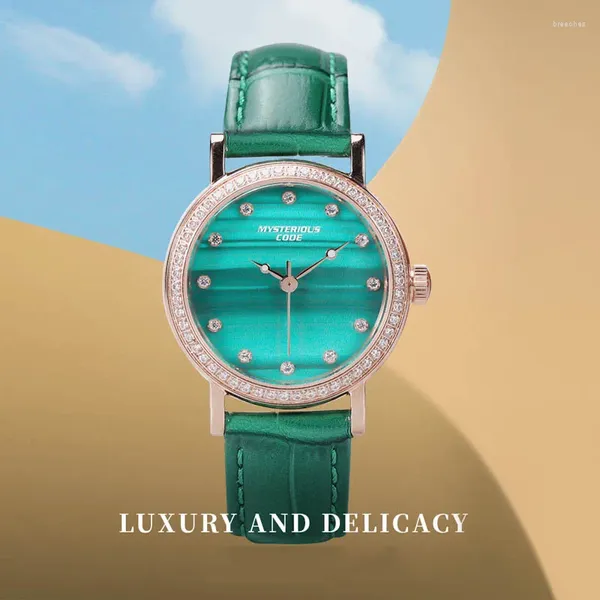 Relojes de pulsera Código misterioso Diamante para mujer Pequeño reloj verde fresco Malaquita Impermeable Acero inoxidable Cuero Relojes para mujer Regalo