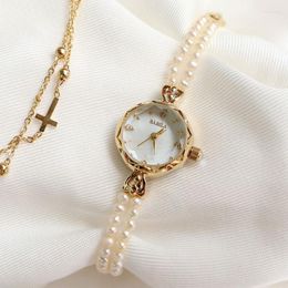 Montres-bracelets Perle Naturelle Cuivre 24 K Or Quartz Femmes Montre Bracelet Shell Cadran Japonais Lady Petit