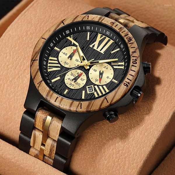 Montre-bracelets en bois massif en bois massif pour hommes Chronographe Chronographe Multifonctionnel Brown Black Quartz Watchs Band en bois Band Mâle Male