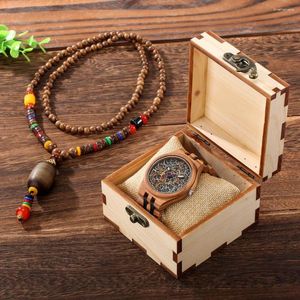 Relojes de pulsera Collar de madera con estilo natural Hombres Reloj Conjunto de regalo Casual Cuarzo Brazalete de madera Reloj de pulsera Caja vintage Regalos de cumpleaños para hombre