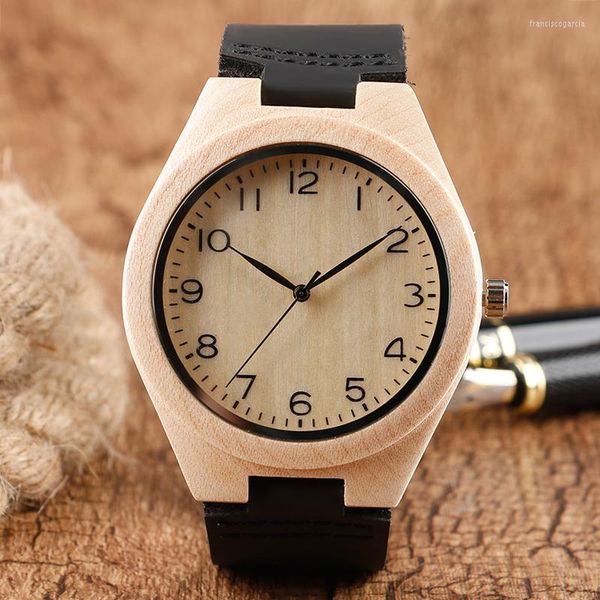 Relojes de pulsera Caja de madera natural Reloj de pulsera Números arábigos Hombres modernos Correa de cuero genuino de bambú Moda masculina Cuarzo Regalos de madera