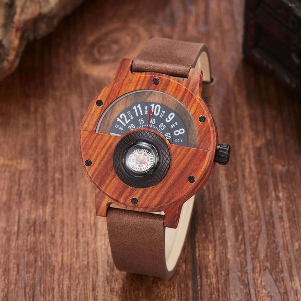 Montres-bracelets Montre en bois naturel Montre pour hommes Table rotative Boussole Cadran Véritable Noyer Ébène Bambou Brun Concept Horloge Quartz