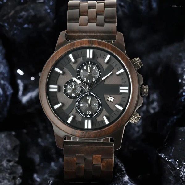 Montres-bracelets en bois naturel pour hommes, Code de synchronisation, Quartz multifonctionnel, toutes les sangles, horloges Religio Masculino