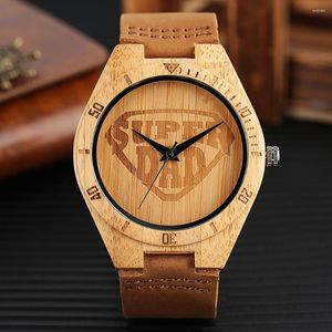 Montres-bracelets Nature montres en bois Super papa motif décontracté bambou bois montre-bracelet pour hommes cadeau bracelet en cuir véritable bracelet Quartz