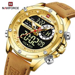 NAVIFORCE Luxe Originele Horloges Voor Heren Casual Sport Chronograaf Alarm Quartz Horloge Leer Waterdicht Digitale Klok 9163 230215