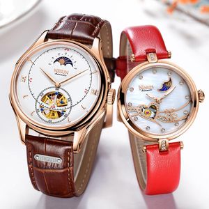 Polshorloges nesun paar automatisch casual tourbillon skelet mechanische beweging maan fase leerliefhebbers bruiloft geschenk klok