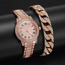 Montre-bracelets Nouvelles femmes de diamant de luxe de luxe Regardez le bracelet ensemble cubain en acier inoxydable dames 2023 bijoux d240417
