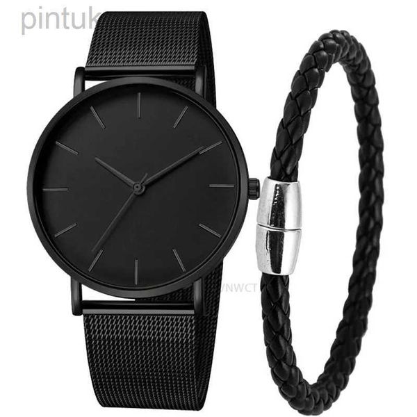 Relojes de pulsera Nuevo reloj para hombre, pulsera magnética, reloj de cuarzo ultrafino, reloj deportivo resistente al agua de malla delgada de acero para hombre, reloj deportivo negro 24329