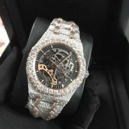 Relojes de pulsera Nueva versión Esqueleto VVS1 Diamantes Reloj PASS TT Oro rosa Mezclado Sier Calidad superior Movimiento mecánico ETA Hombres Lujo 220i