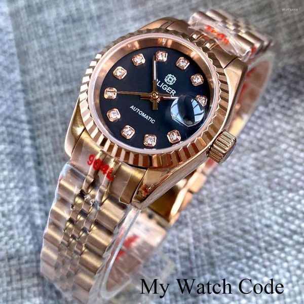 Relojes de pulsera NH05 Movt Rose Gold Reloj automático para mujer Caja de acero de 26 mm Zafiro Cyclop Bisel estriado Mano Chica de negocios