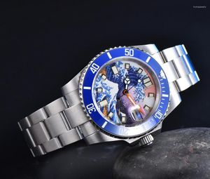 Montres-bracelets NH35A Kanagawa Surf Stérile Montre mécanique automatique pour homme Bracelet en acier inoxydable Anneau en céramique bleue Cheveux C3 Luminou