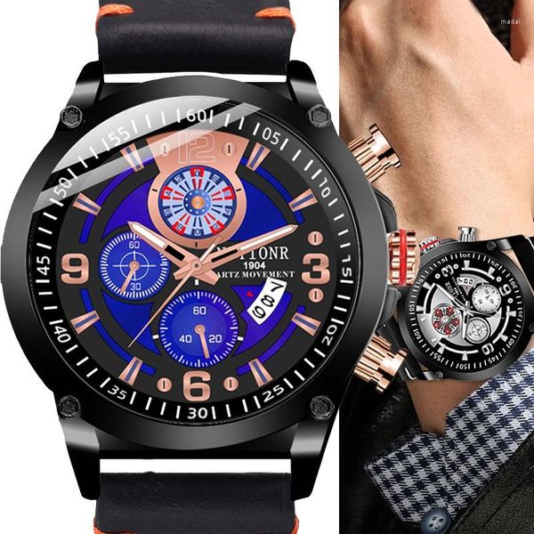 Relojes de pulsera NOTIONR Reloj deportivo para hombres a prueba de agua Fake Three Eye Dial Night Glow Puntero Calendario Cuero Cuarzo