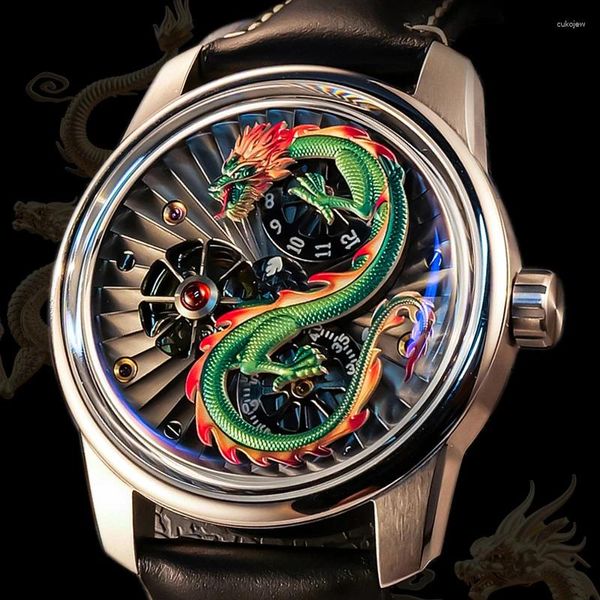 Montres-bracelets OBLVLO Gravure 3D Dragon Chinois Montres Mécaniques Automatiques Verre Saphir Étanche Hommes Montre Double Roues Lumineuse