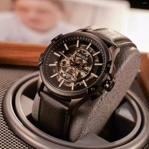 Horloges OBLVLO Zwart uitgehold Automatisch Mechanisch Horloge Lederen Band Heren Saffierglas Lichtgevende Waterdichte Horloges