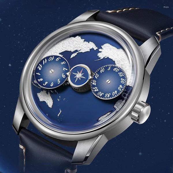 Relojes de pulsera OBLVLO Blue Planet Watch Creative Three Wheels Hombres Automático Mecánico Zafiro Espejo Luminoso Relojes impermeables