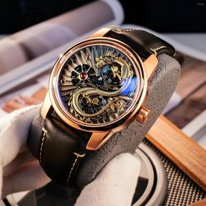 Relojes de pulsera OBLVLO Designer Men's Rose Gold Dragon Reloj automático Ruedas creativas de lujo Cuero luminoso Mecánico para hombresJM-DRAGON