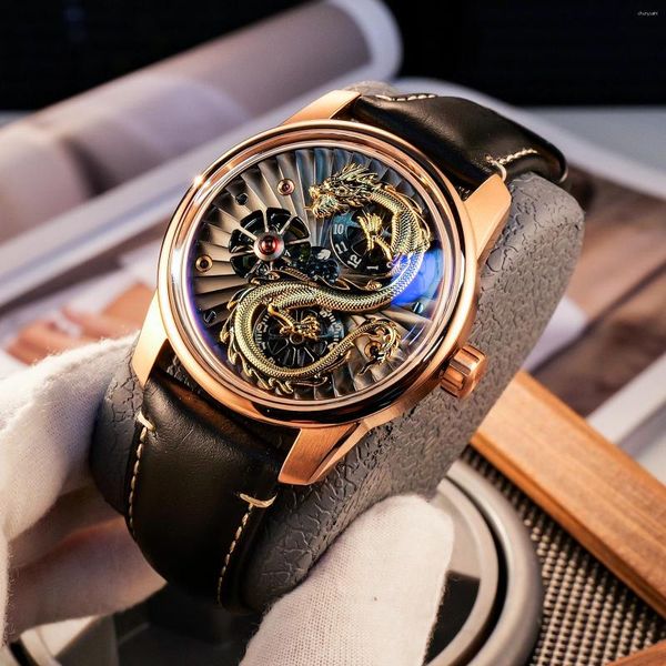 Relojes de pulsera OBLVLO Designer Men's Rose Gold Dragon Reloj automático Ruedas creativas de lujo Cuero luminoso Mecánico para hombresJM-DRAGON