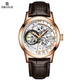 Horloges Oblvlo Frankrijk Band Retro voor herenhorloge Skeleton Automatisch mechanisch horloge Hol staal Saffierkristal Waterdicht 231110