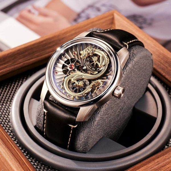 Relojes de pulsera OBLVLO Luxury Creative Men's Dragon Dial Reloj automático Ruedas dobles Luminoso Cuero impermeable Mecánico JM-DRAGON