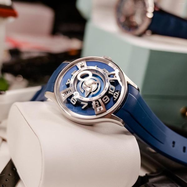 Relojes de pulsera OBLVLO Luxury Curvature Engine Star Rotor Reloj mecánico Super Luminoso Luz nocturna azul Relojes de goma automáticos BLM