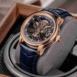 Montre-bracelets oblvlo Luxury Rose Gold Blue Cuir Blue Cuir avec hommes Hollow Automatic Transparent Mechanical Orologio Cuir Uomokm-S