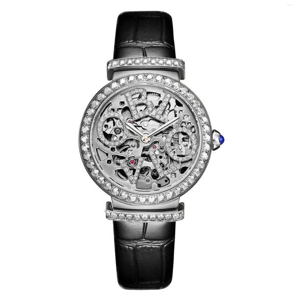 Relojes de pulsera OBLVLO Reloj de lujo para mujer Relojes automáticos Esqueleto Reloj de pulsera mecánico para mujer Correa de cuero de zafiro resistente al agua