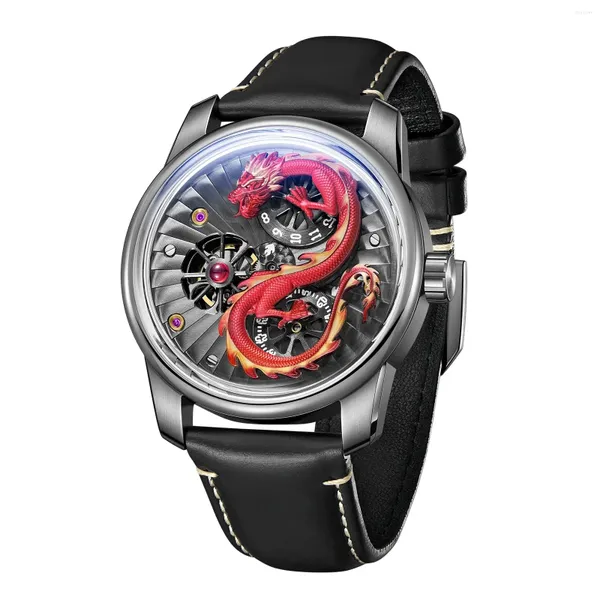 Montres-bracelets OBLVLO Hommes Montre Automatique 45MM Montre-Bracelet Mécanique 3ATM Étanche Lumineux Dragon Turbine Lame Cadran Papillon Fermoir