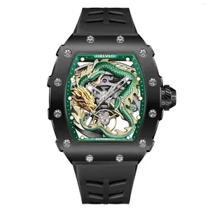 Montre-bracelets oblvlo Men Automatic Watch Tonneau Mécanique montre le bracelet Squelette Dragon Dragon Sapphire 50m Afficulté Luminal